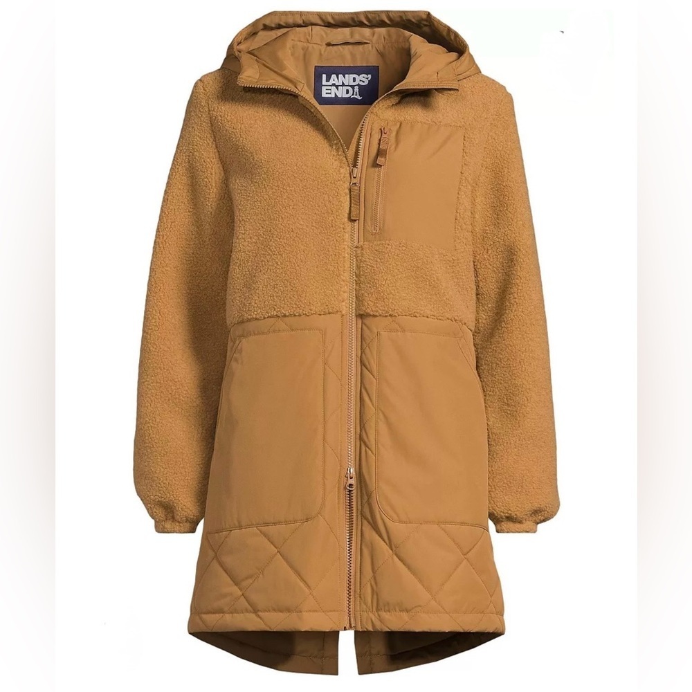 Lands' End Quilted & Sherpa Hooded Jacket in Camel Size XL Tall NWT